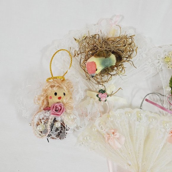 Vintage Handmade Christmas Tree Ornaments Romantic Victorian Lace Bird Nest - Picture 2 of 4